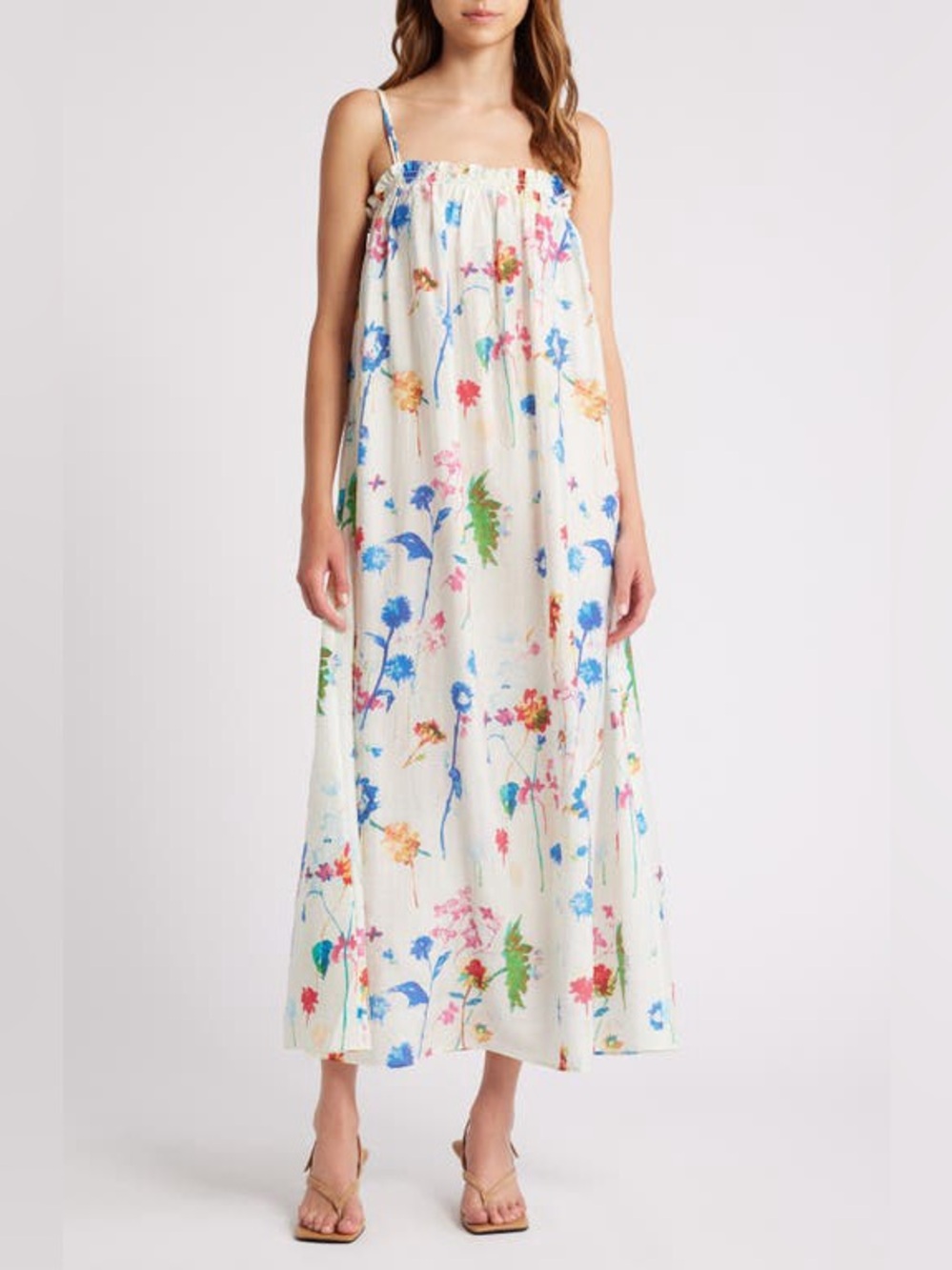 & Other Stories Floaty Strappy Floral Midi Dress Watercolor Botanical Size S
